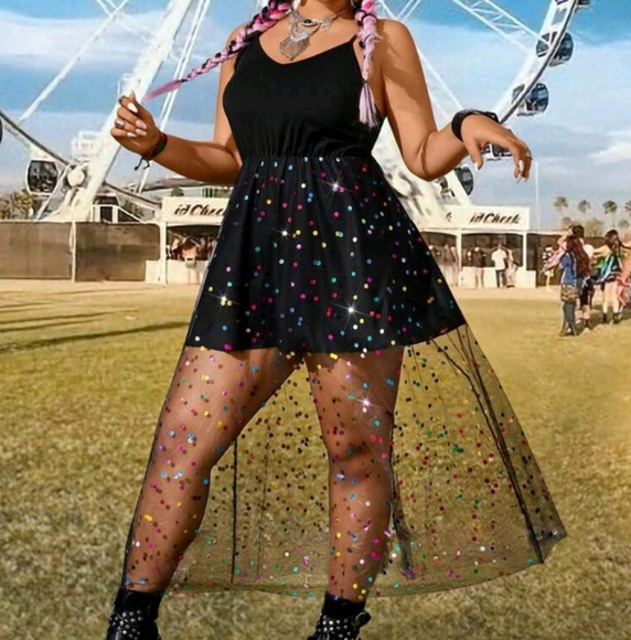 Black And Rainbow Sequin Mesh Party Dress - Picture 1 of 14